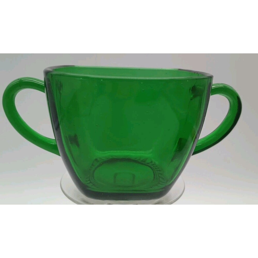 Vintage Anchor Hocking Emerald Green Glass Sugar Bowl Double Handle Square